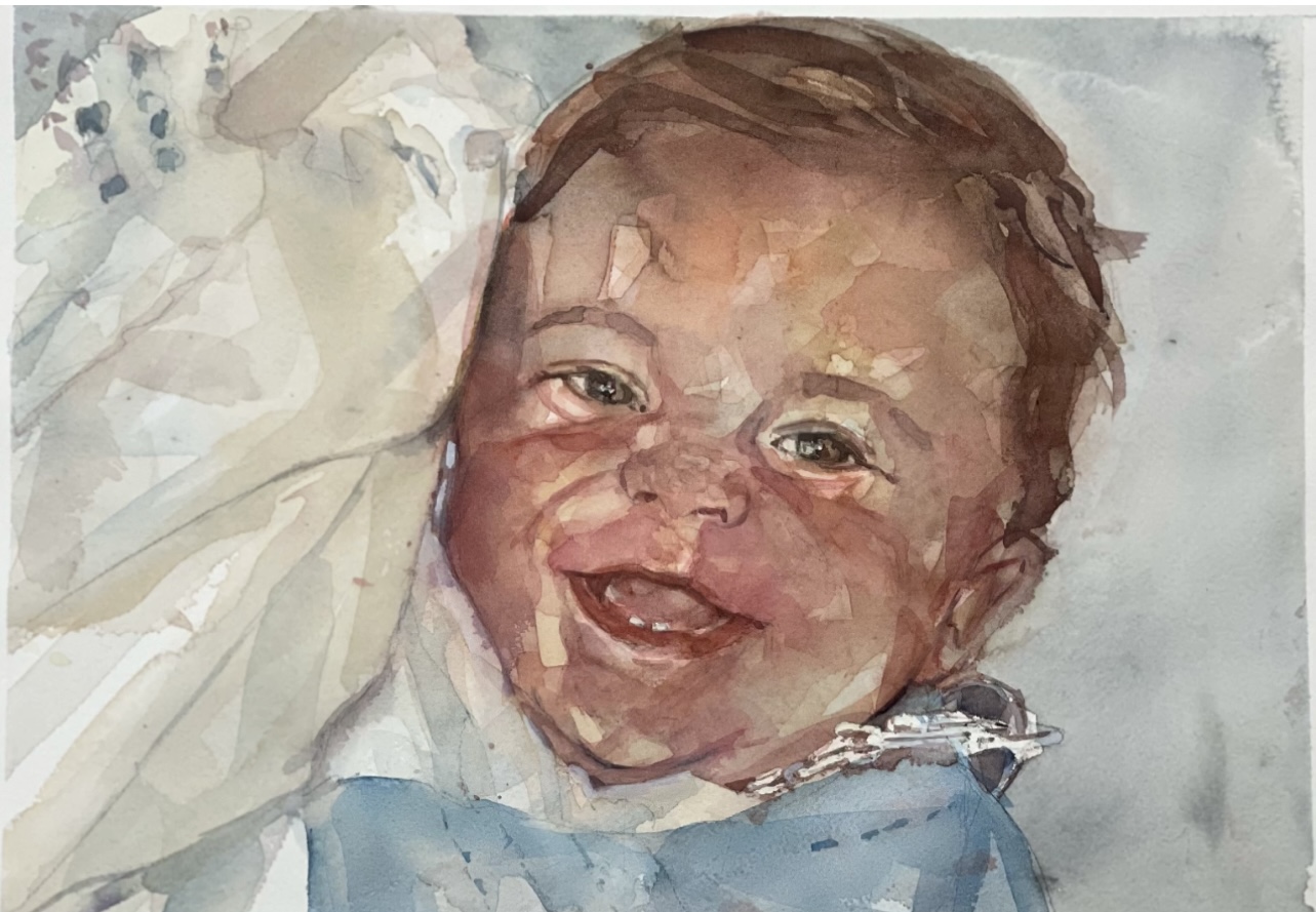 Retrato en acuarela de un bebé sonriendo