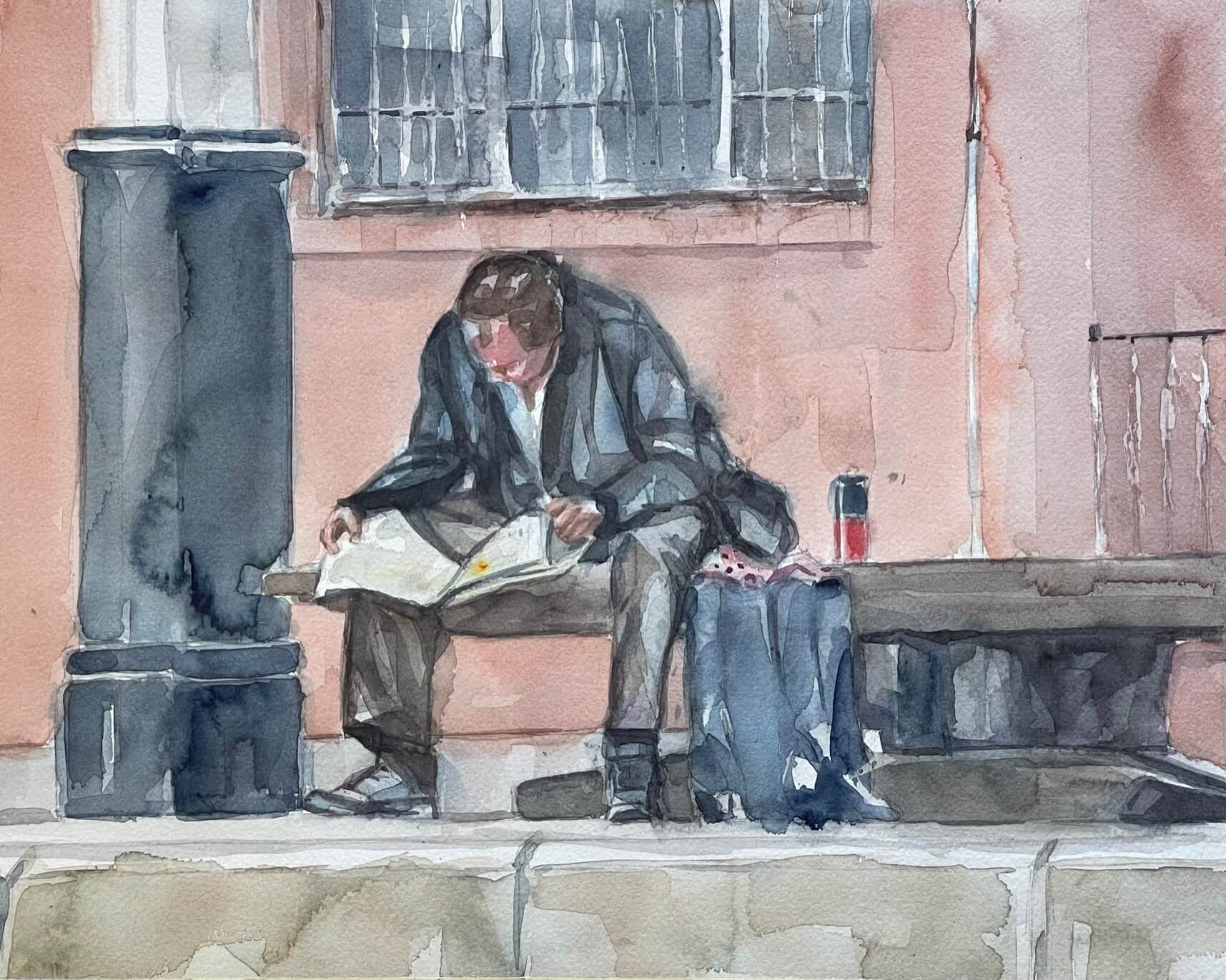 Acuarela de un hombre sentado en un banco, leyendo un periódico.