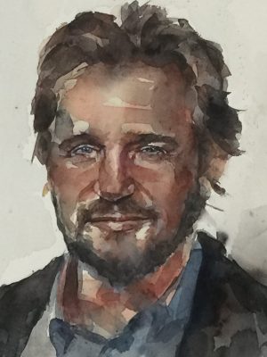 Retrato en acuarela de Liam Neeson.