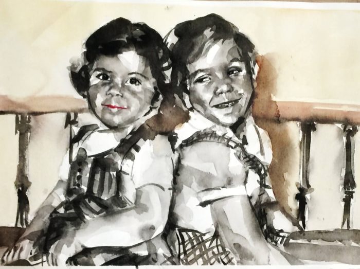 Acuarela de dos niñas en blanco y negro