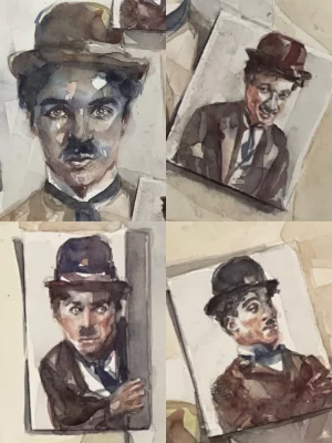 Montaje de cuatro acuarelas de Charles Chaplin