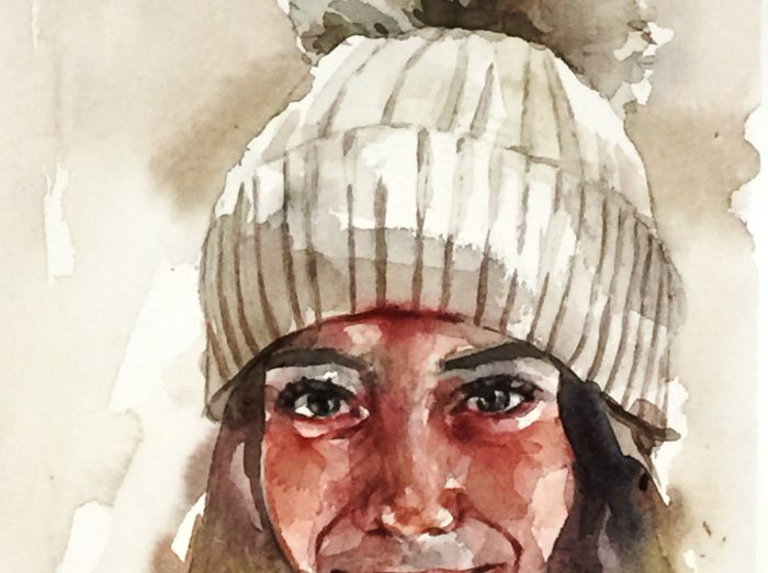 Retrato en acuarela de niña con gorro