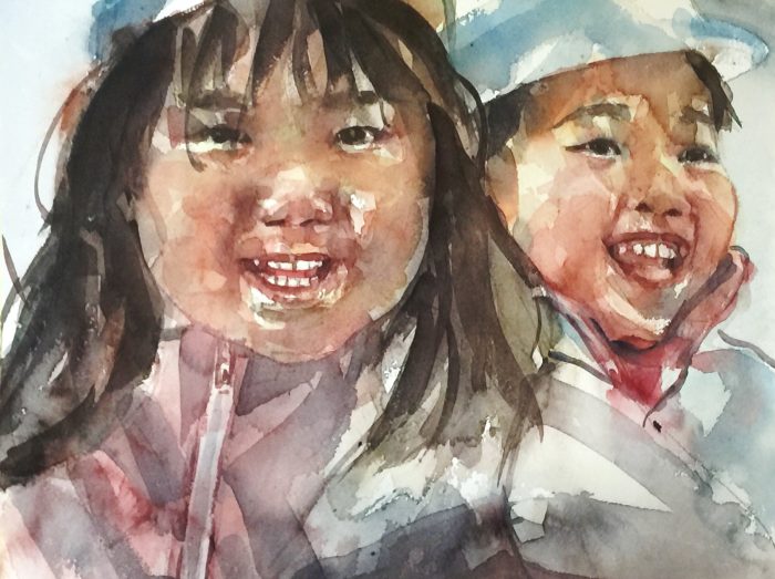 Acuarela de dos niñas sonrientes asiaticas