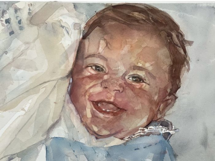 Retrato en acuarela de un bebé sonriendo